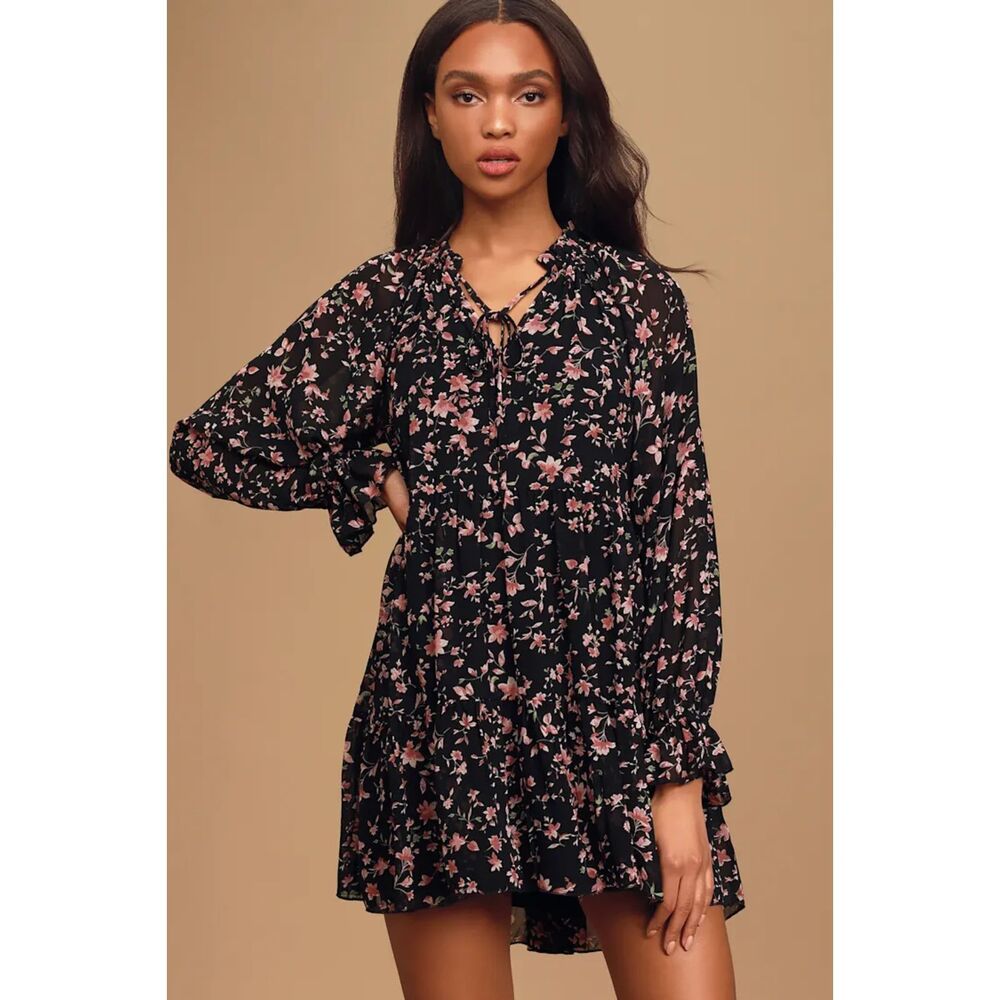 Boho Black Ditsy Floral Button Down Peplum Blouse Tiered Ruffle Top